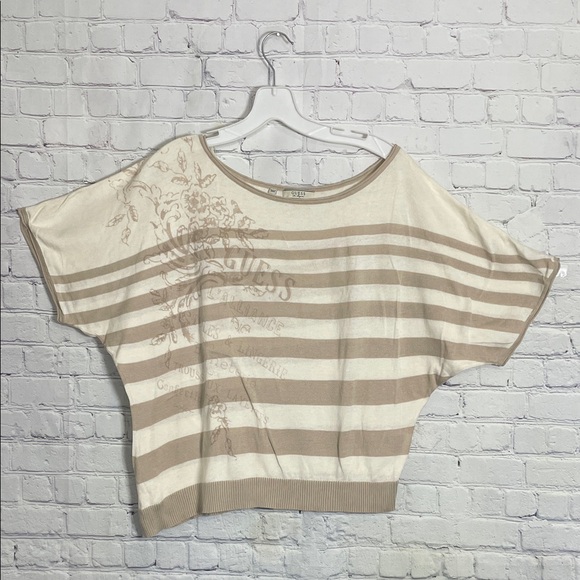 Guess Tops - Guess Cream & Light Tan Striped  Dolman Style Short Sleeve Boatneck Tee